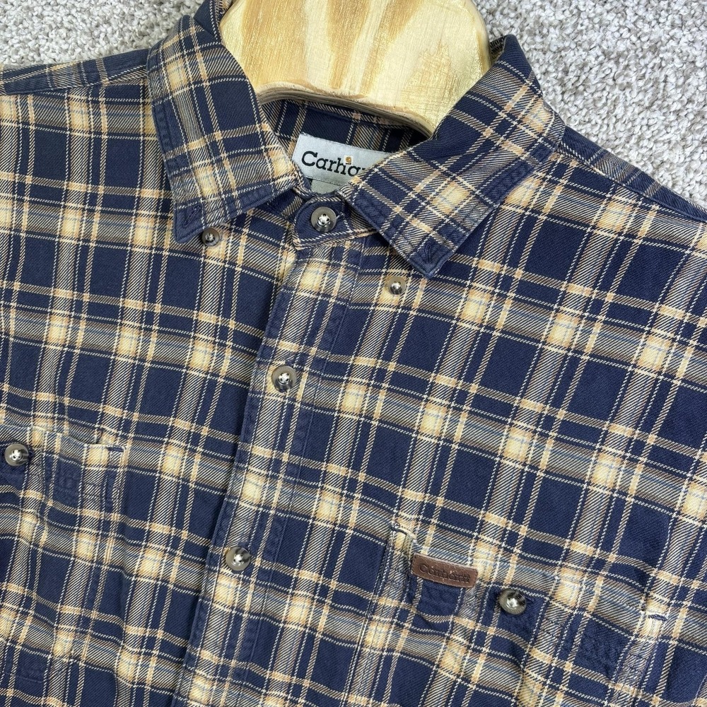 VTG Carhartt Shirt Mens XL Blue Plaid Long Sleeve Flannel Button Down Workwear‎